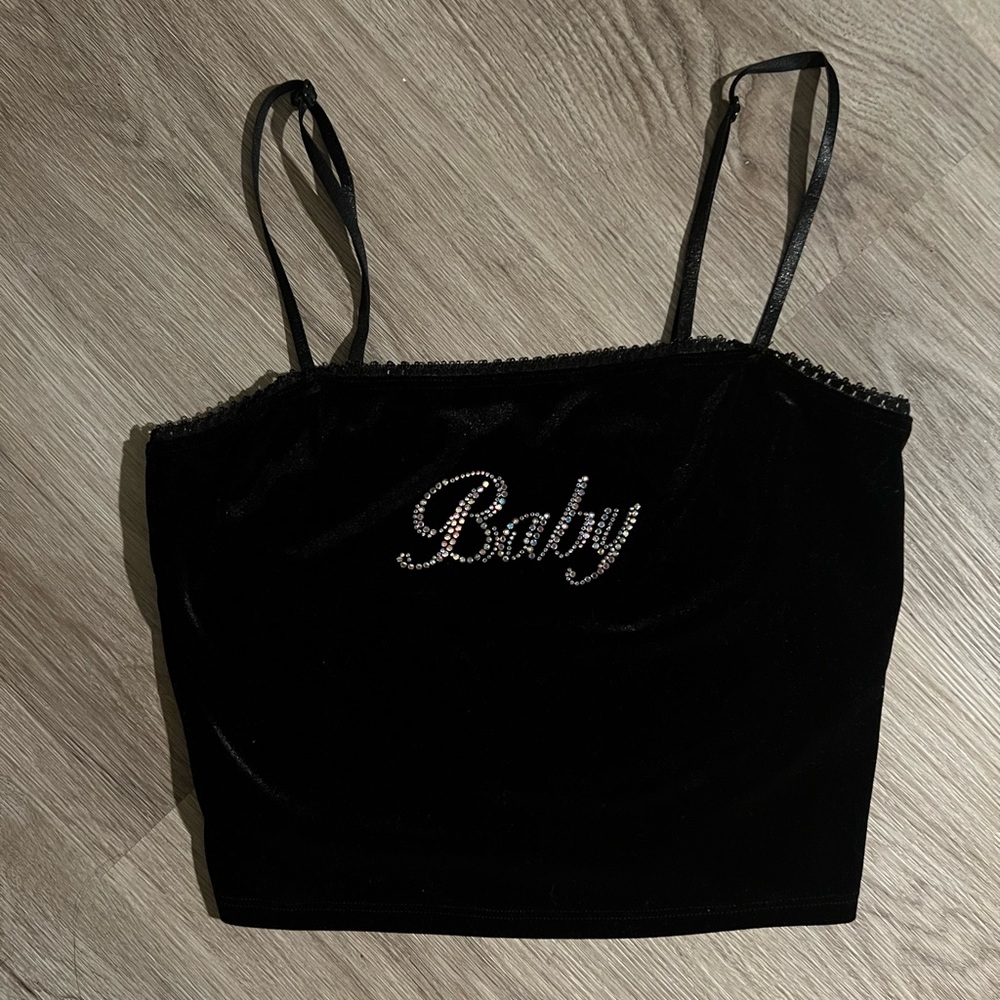 Y2K Black Velvet “Baby” Rhinestone Top